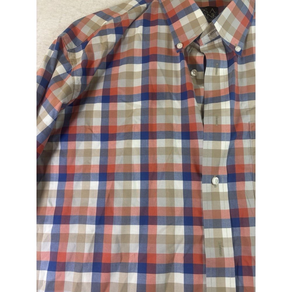 Jos A Bank Travelers Collection Shirt Mens XL Orange Blue Red Plaid Button Down